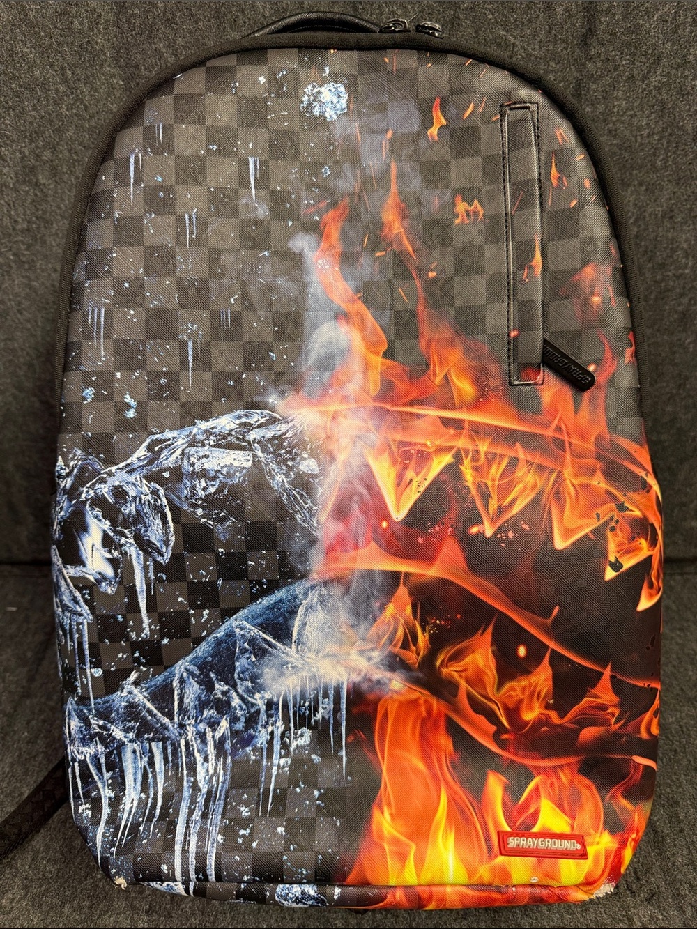 Sprayground Black Backpack with Orange Flame & Blue Ice Graphic